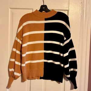 Zesica Black Tan & White Striped Mock Neck Batwing Sweater